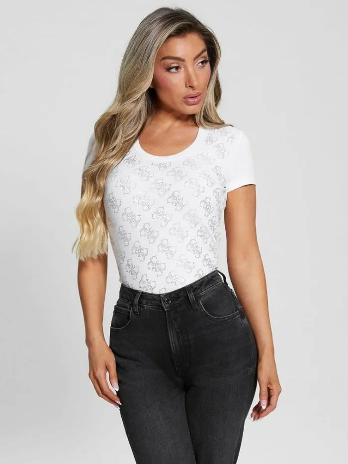 Women Rhinestones 4g Logo Stretch Tshirt White Guess Tshirts