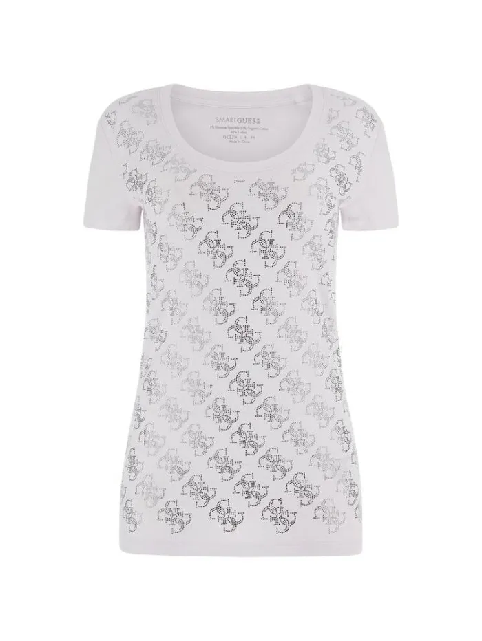 Women Rhinestones 4g Logo Stretch Tshirt White Guess Tshirts