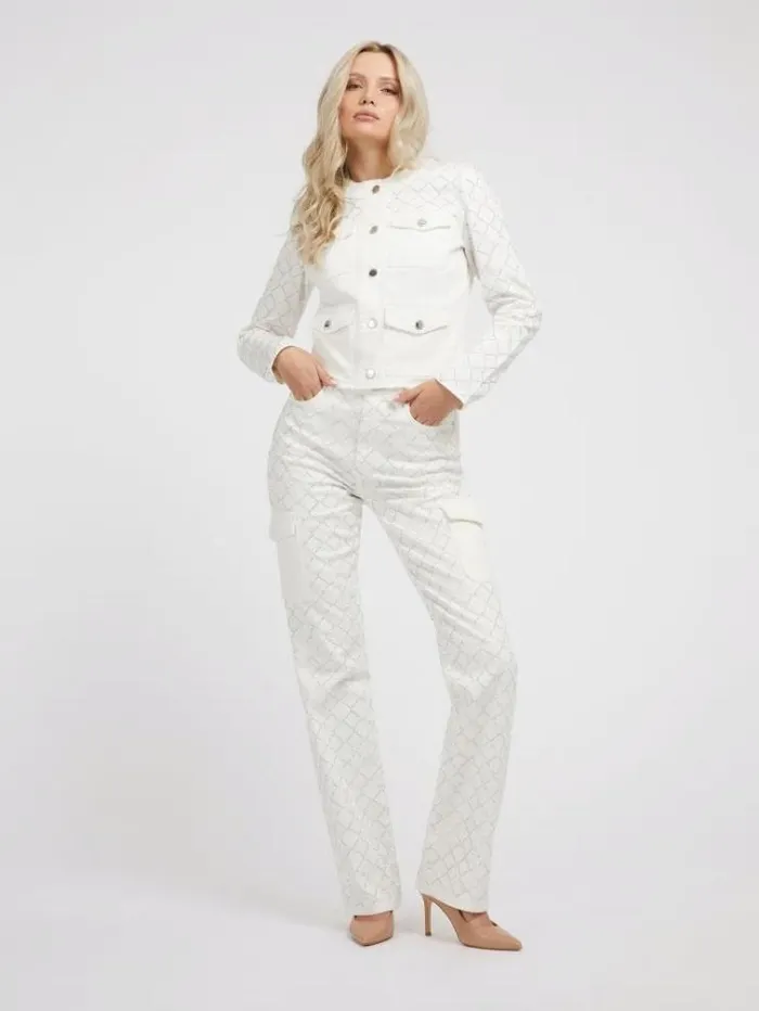 Women Rhinestones Cargo Denim Pant White Guess Relaxed