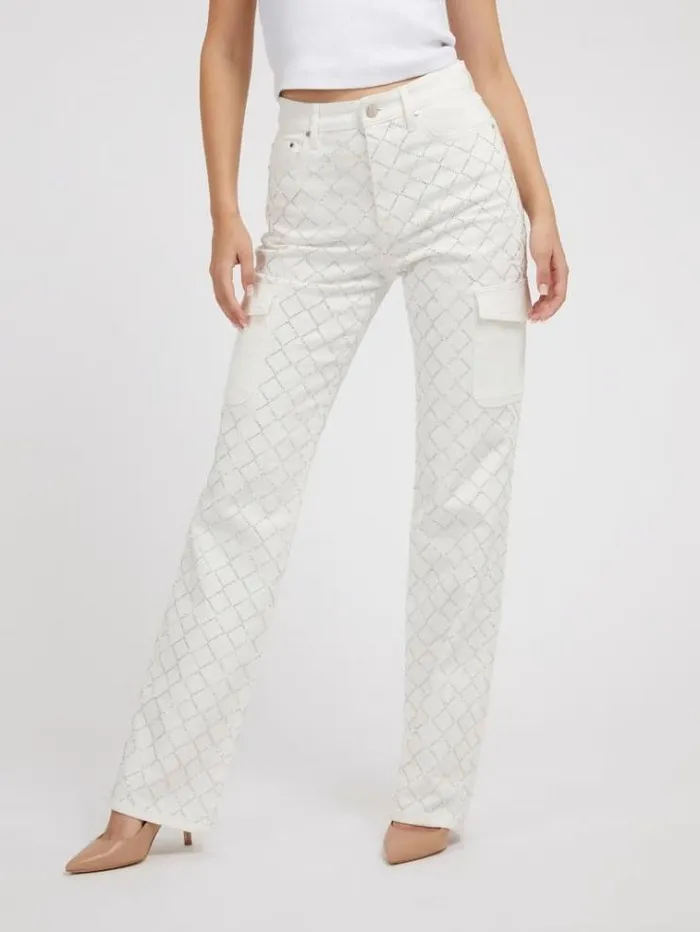 Women Rhinestones Cargo Denim Pant White Guess Relaxed