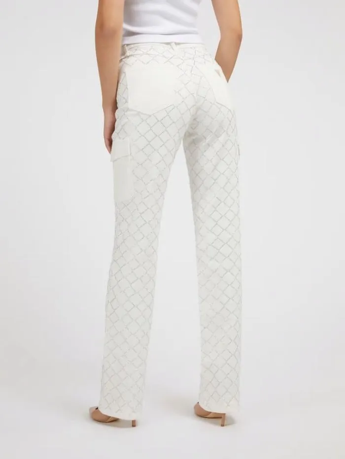 Women Rhinestones Cargo Denim Pant White Guess Relaxed
