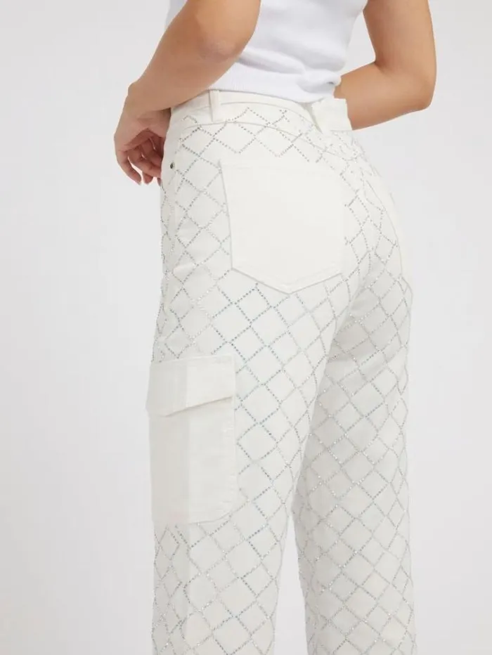 Women Rhinestones Cargo Denim Pant White Guess Relaxed