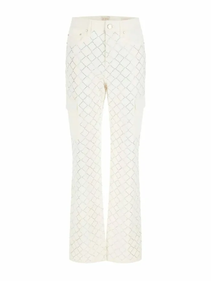 Women Rhinestones Cargo Denim Pant White Guess Relaxed