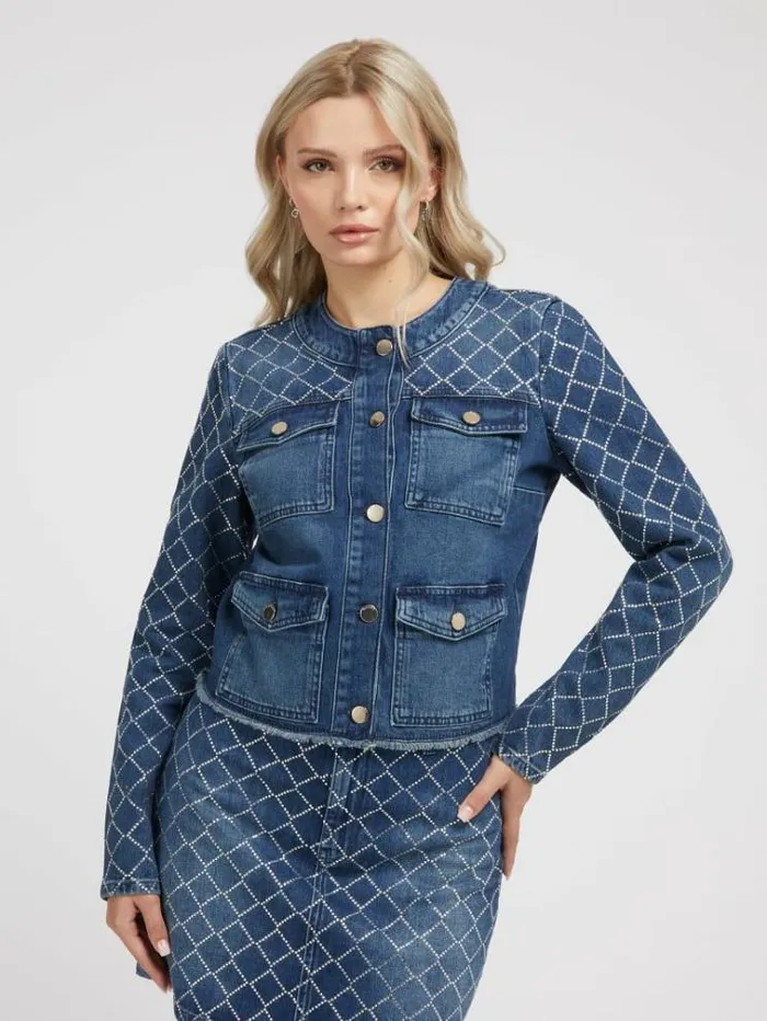 Women Rhinestones Denim Jacket Blue Guess Coats And Jackets