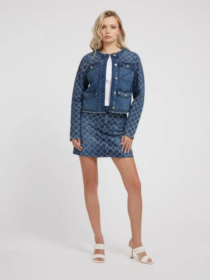 Women Rhinestones Denim Jacket Blue Guess Coats And Jackets