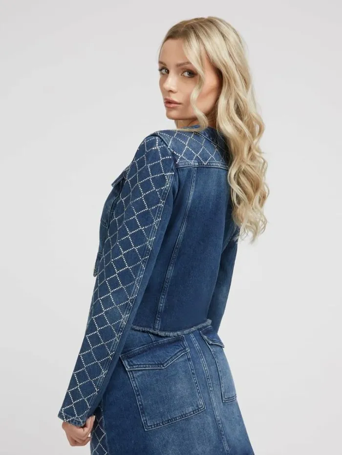 Women Rhinestones Denim Jacket Blue Guess Coats And Jackets