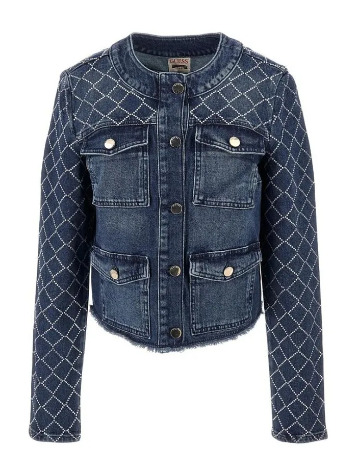 Women Rhinestones Denim Jacket Blue Guess Coats And Jackets