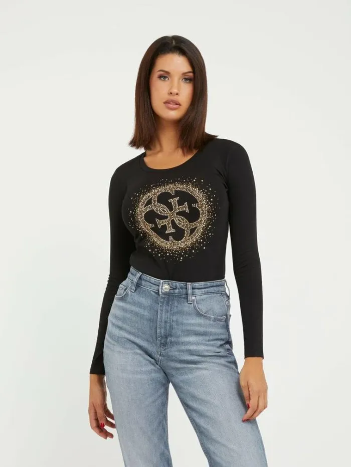Women Rhinestones Front Logo Stretch Tshirt Black Guess Tshirts