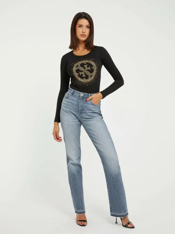 Women Rhinestones Front Logo Stretch Tshirt Black Guess Tshirts