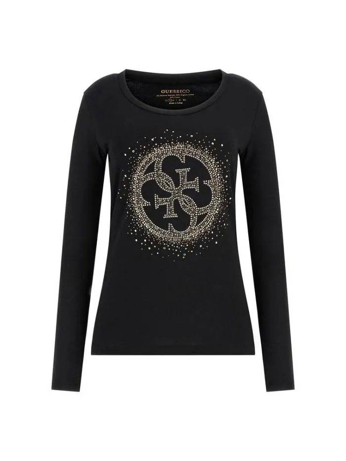 Women Rhinestones Front Logo Stretch Tshirt Black Guess Tshirts
