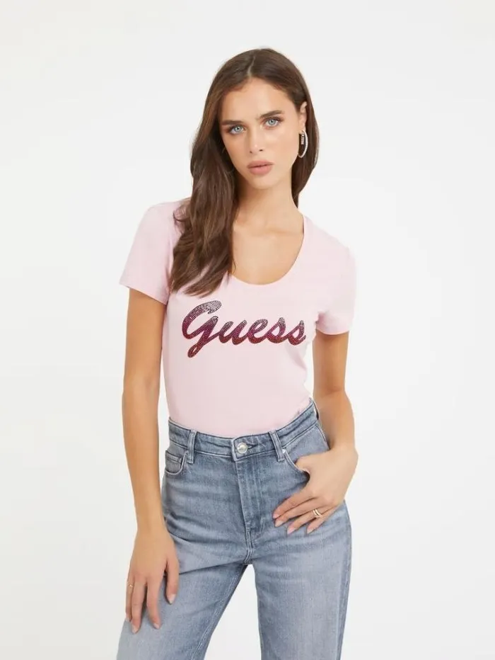 Women Rhinestones Front Logo Stretch Tshirt Pink Guess Tshirts