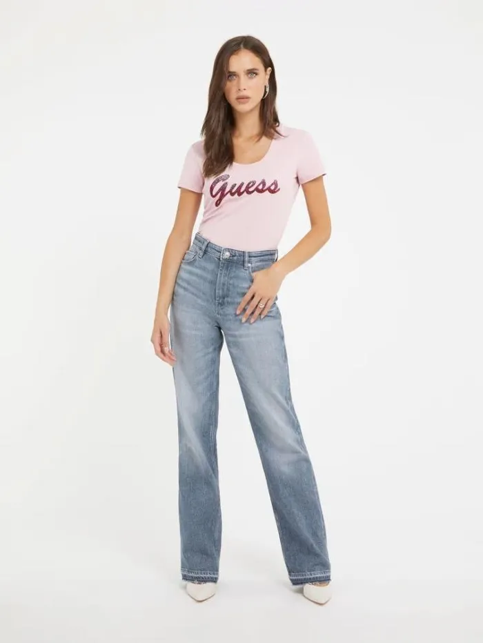 Women Rhinestones Front Logo Stretch Tshirt Pink Guess Tshirts
