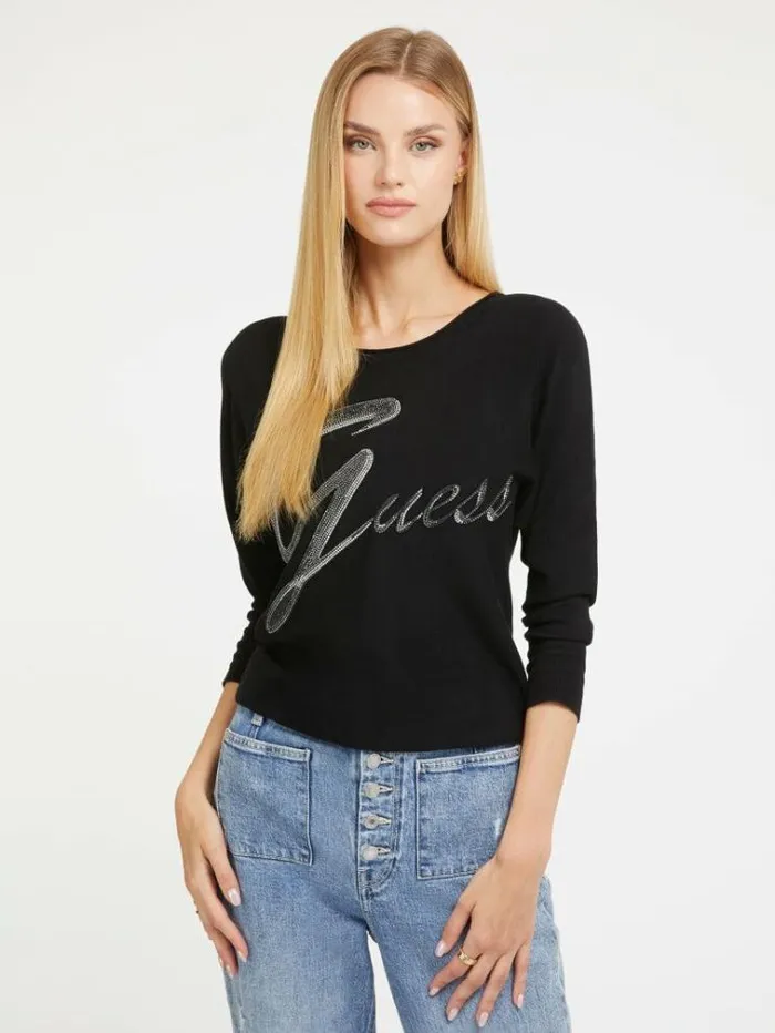 Women Rhinestones Front Logo Sweater Black Guess Knitwear And Sweatshirts