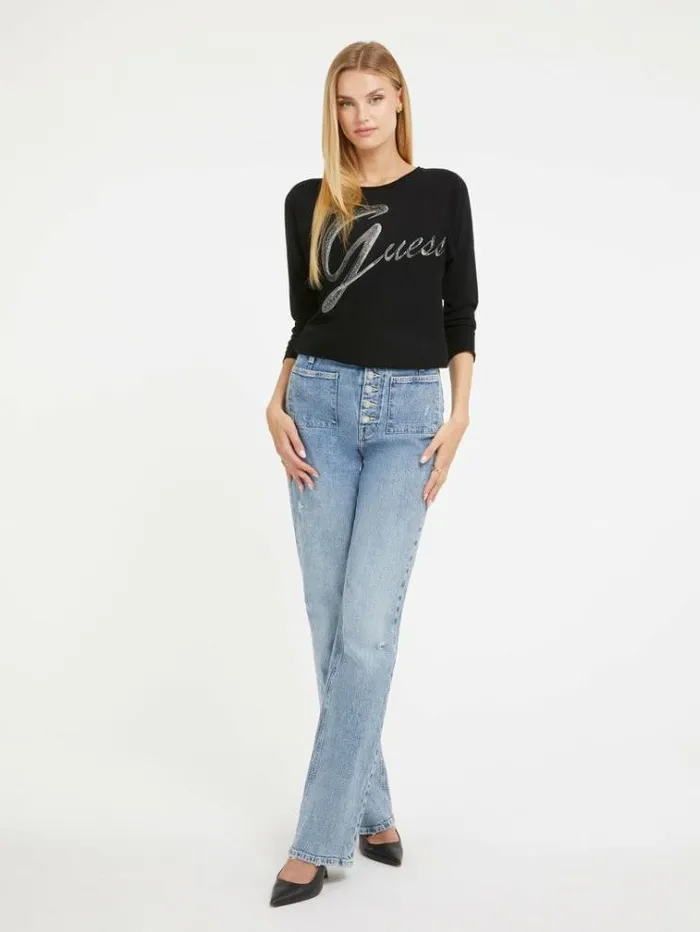 Women Rhinestones Front Logo Sweater Black Guess Knitwear And Sweatshirts