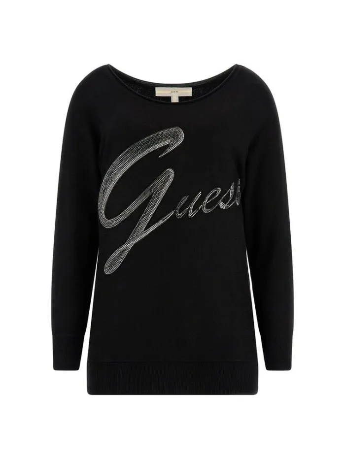 Women Rhinestones Front Logo Sweater Black Guess Knitwear And Sweatshirts