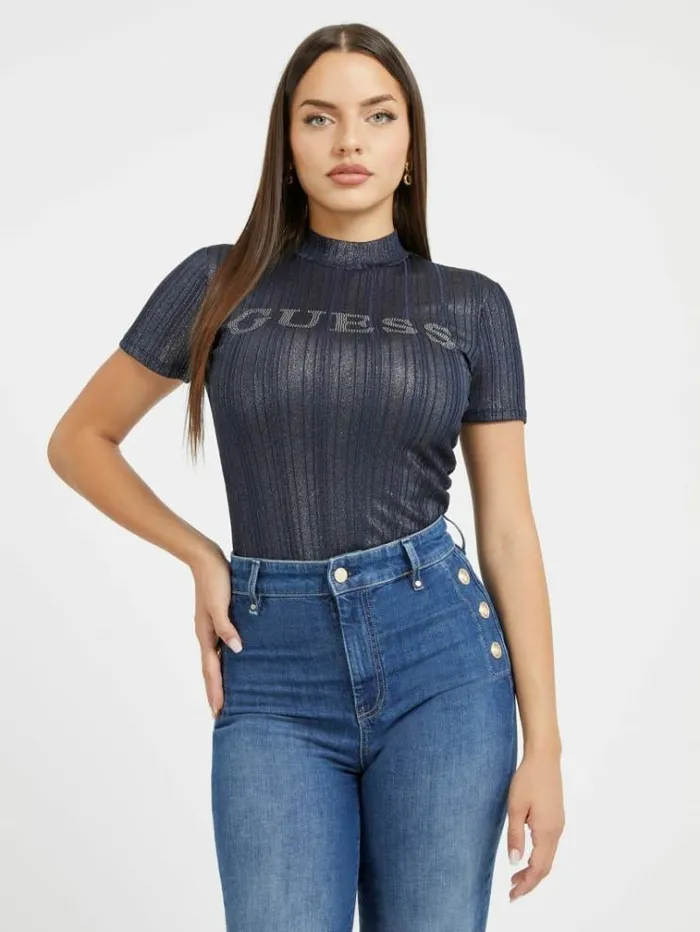 Women Rhinestones Front Logo Sweater Top Blue Guess Tops And Shirts