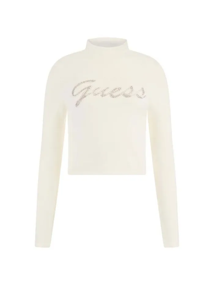 Women Rhinestones Front Logo Sweater White Guess Knitwear And Sweatshirts