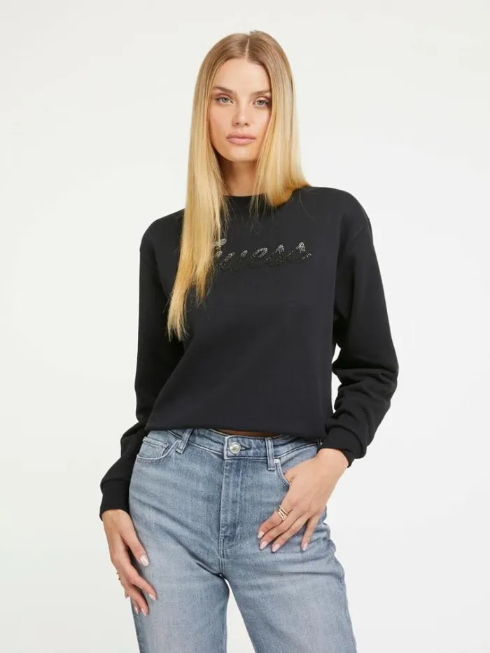 Women Rhinestones Front Logo Sweatshirt Black Guess Knitwear And Sweatshirts