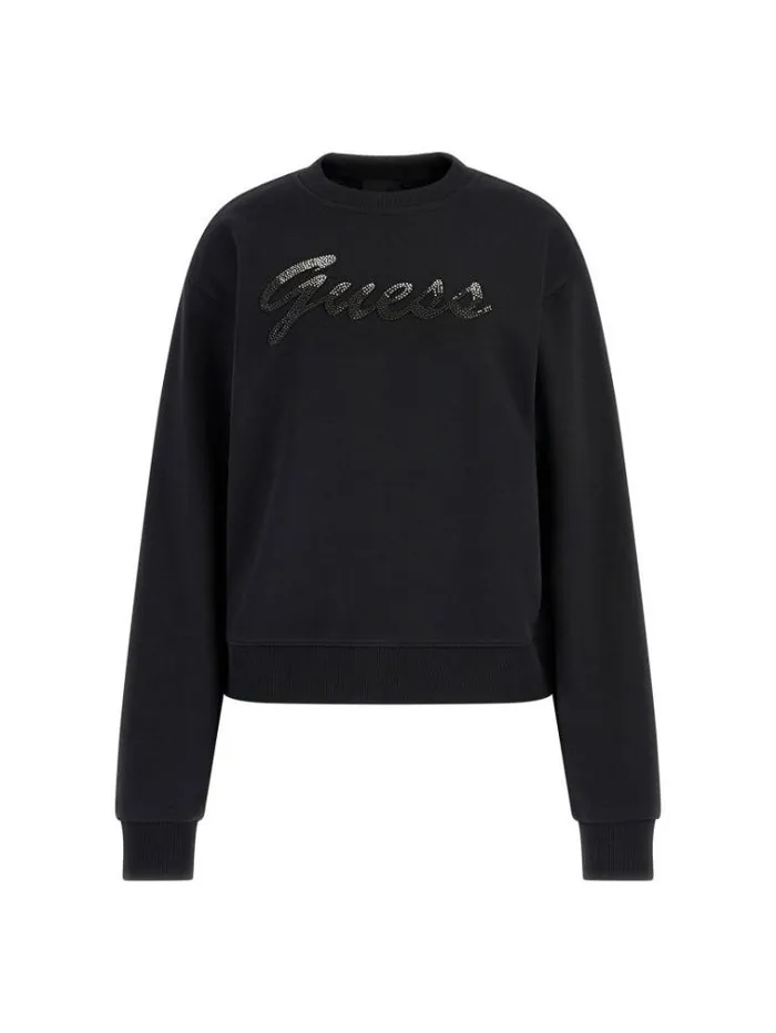 Women Rhinestones Front Logo Sweatshirt Black Guess Knitwear And Sweatshirts
