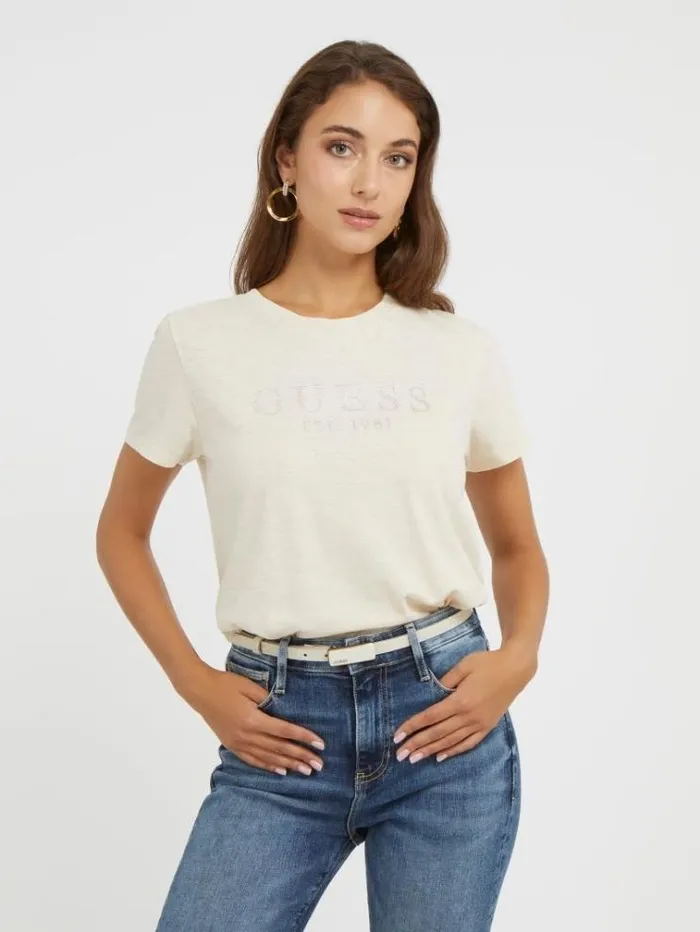 Women Rhinestones Front Logo Tshirt Cream Guess Tshirts