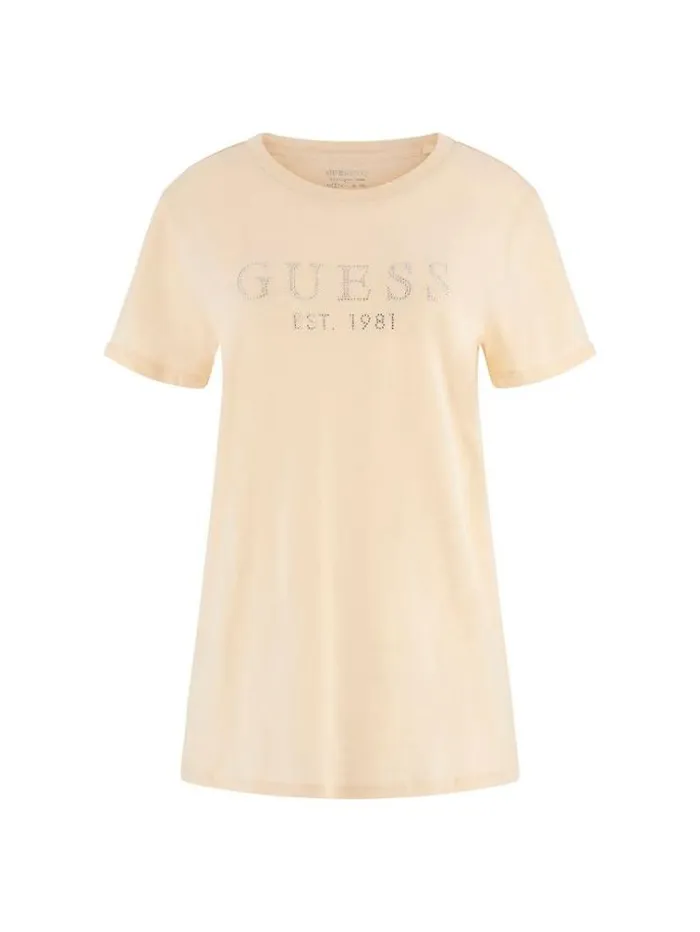 Women Rhinestones Front Logo Tshirt Cream Guess Tshirts