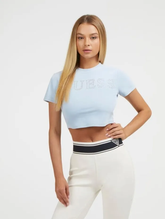 Women Rhinestones Front Logo Tshirt Light Blue Guess Tshirts