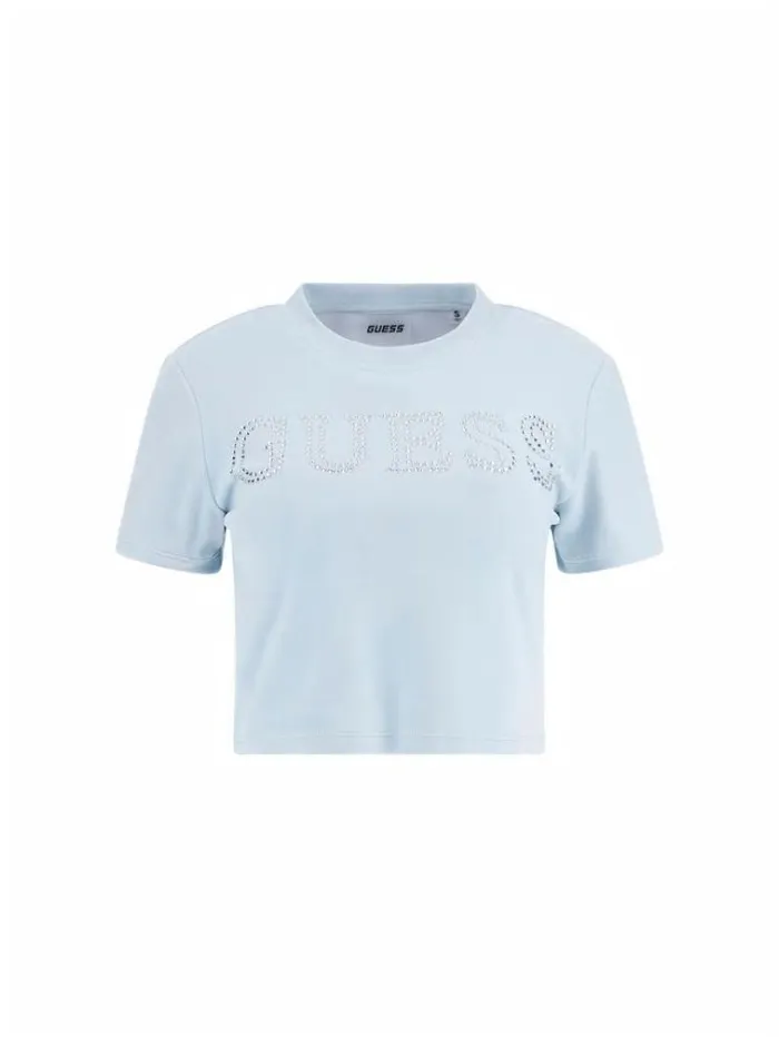 Women Rhinestones Front Logo Tshirt Light Blue Guess Tshirts