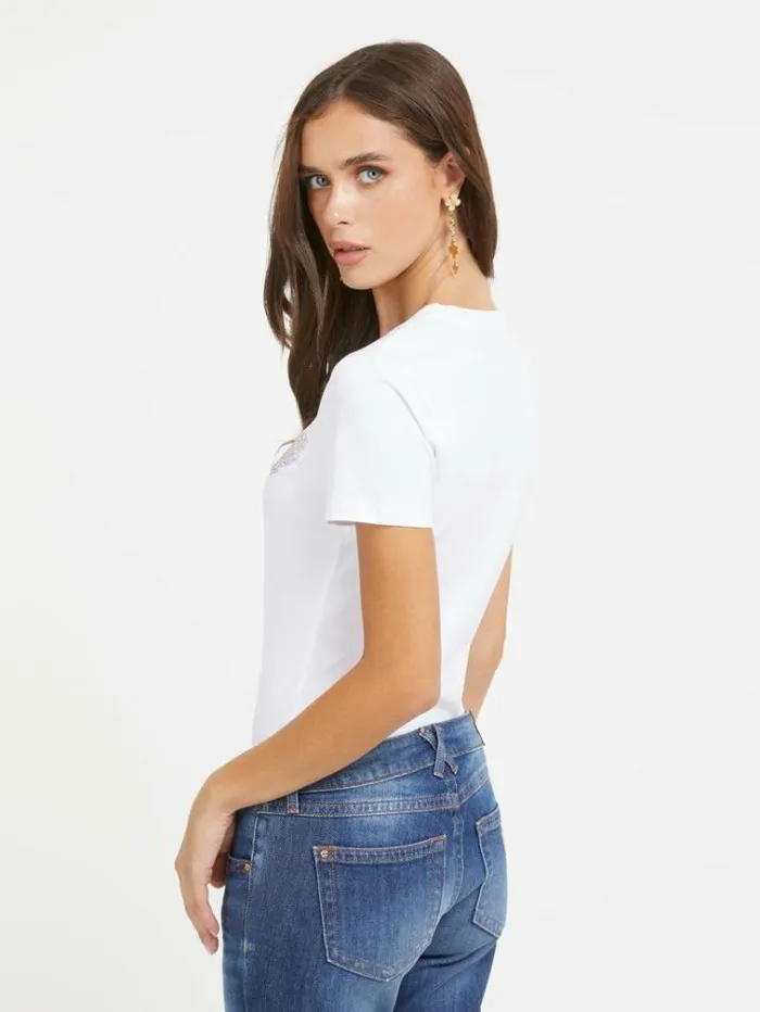 Women Rhinestones Heart Stretch Tshirt White Guess Tshirts
