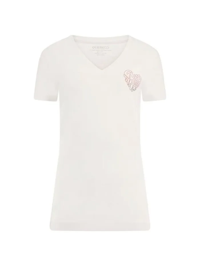 Women Rhinestones Heart Stretch Tshirt White Guess Tshirts