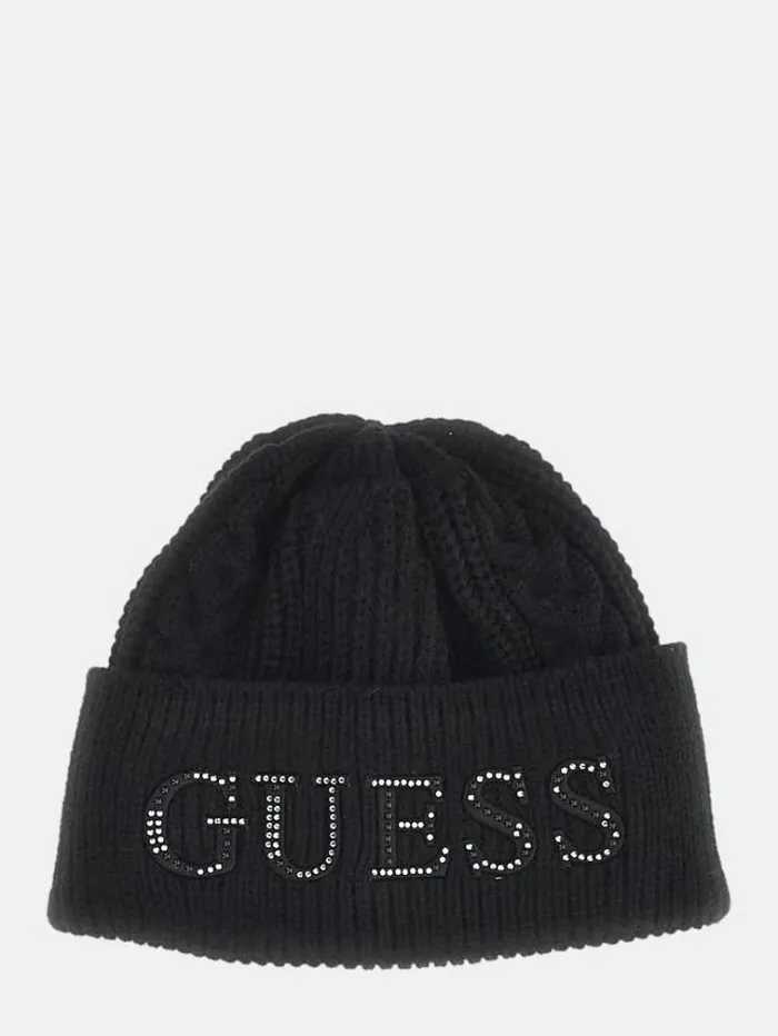 Women Rhinestones Logo Hat Black Guess Hats And Gloves