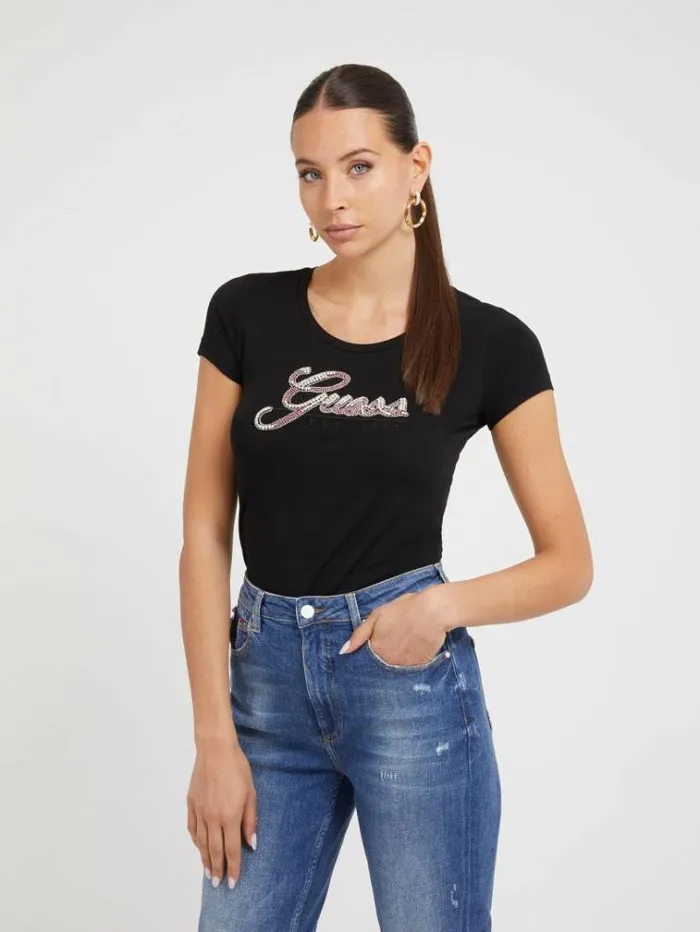 Women Rhinestones Logo Tshirt Black Guess Tshirts