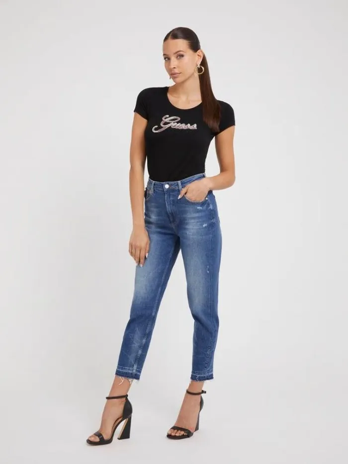 Women Rhinestones Logo Tshirt Black Guess Tshirts
