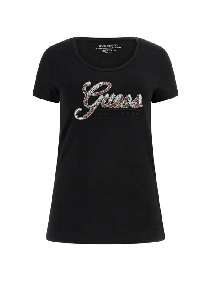 Women Rhinestones Logo Tshirt Black Guess Tshirts