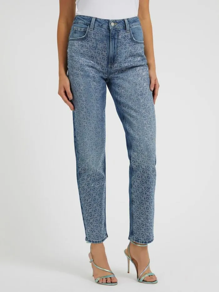 Women Rhinestones Mom Fit Denim Pant Shades Of Blue Guess Relaxed