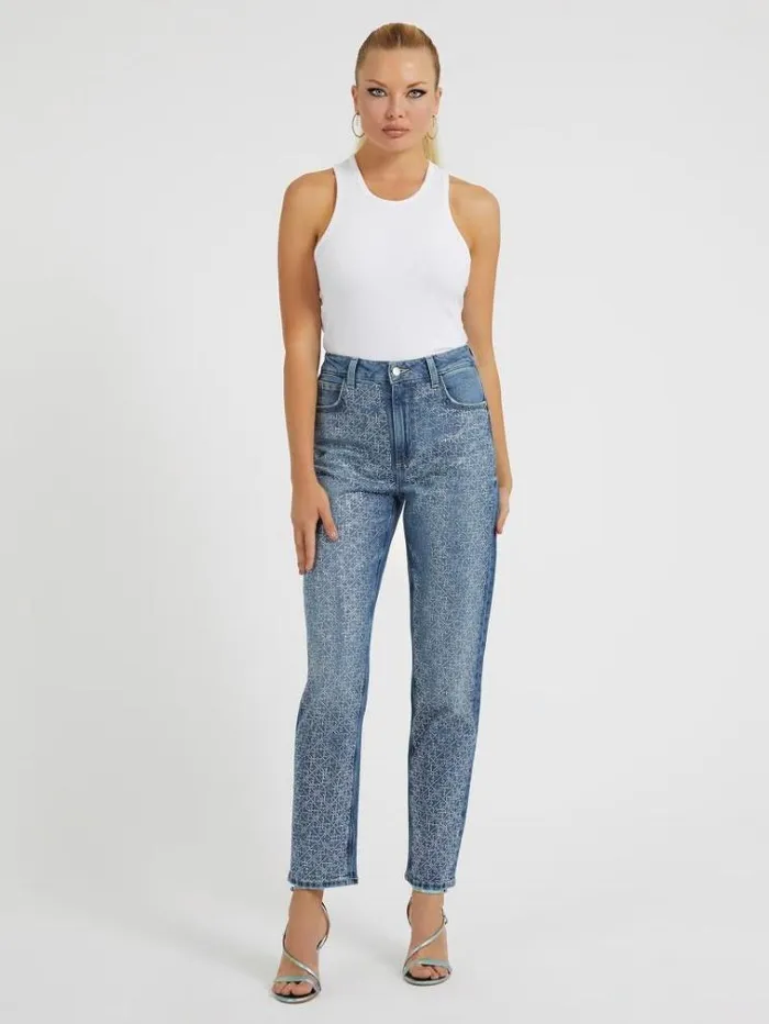 Women Rhinestones Mom Fit Denim Pant Shades Of Blue Guess Relaxed