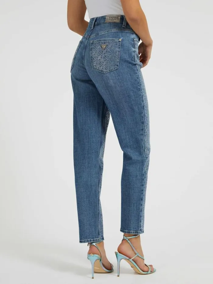 Women Rhinestones Mom Fit Denim Pant Shades Of Blue Guess Relaxed