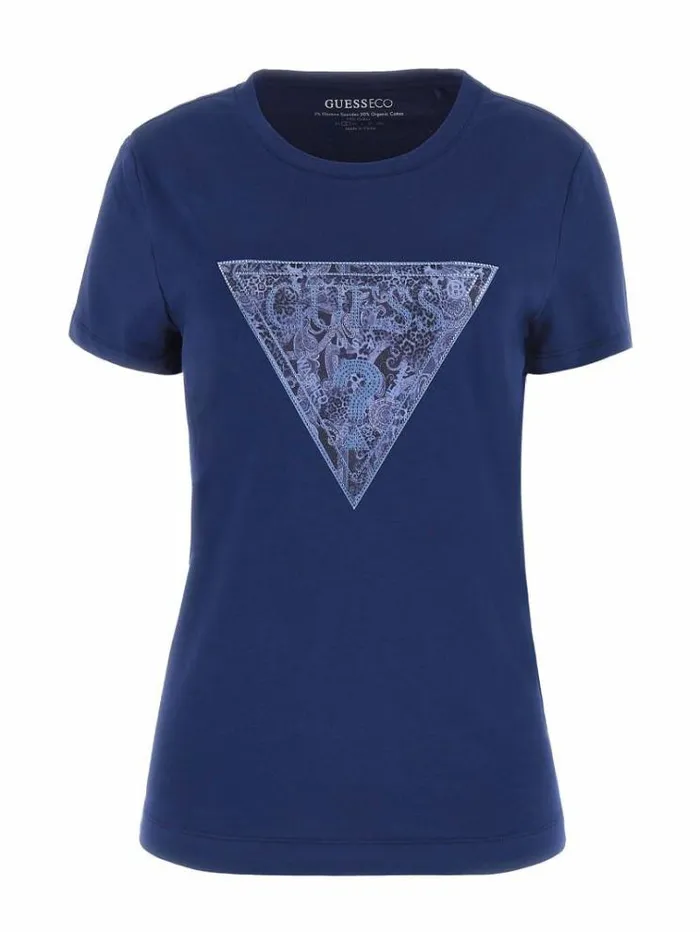 Women Rhinestones Tiangle Logo Tshirt Light Blue Guess Tshirts