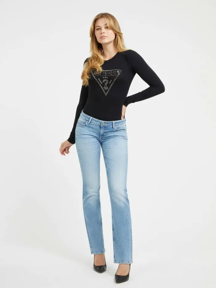 Women Rhinestones Triangle Logo Body Black Guess Tops And Shirts