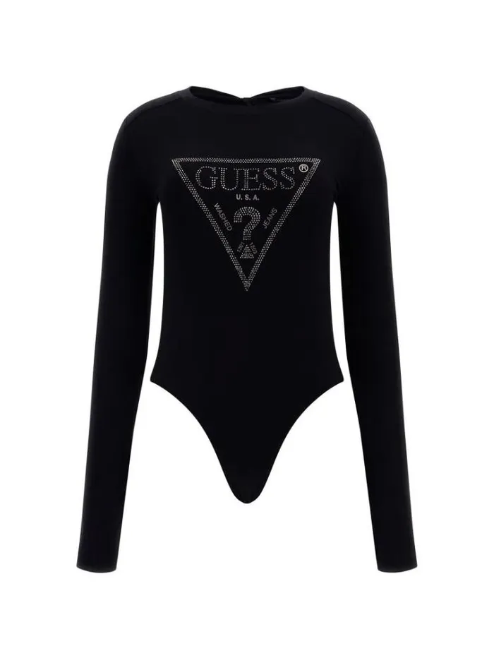 Women Rhinestones Triangle Logo Body Black Guess Tops And Shirts