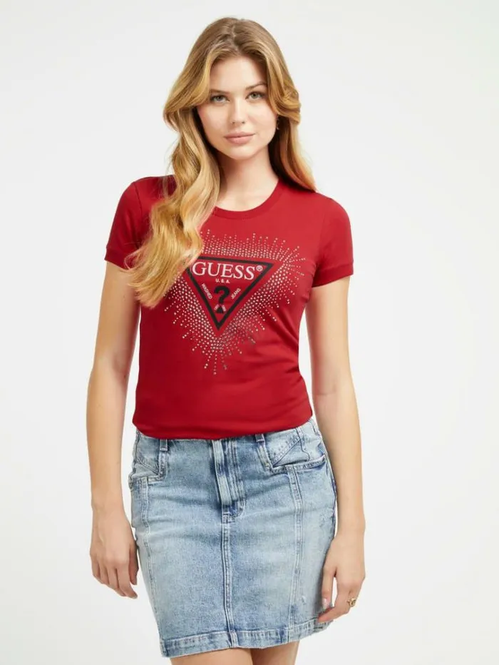 Women Rhinestones Triangle Logo Stretch Tshirt Red Guess Tshirts