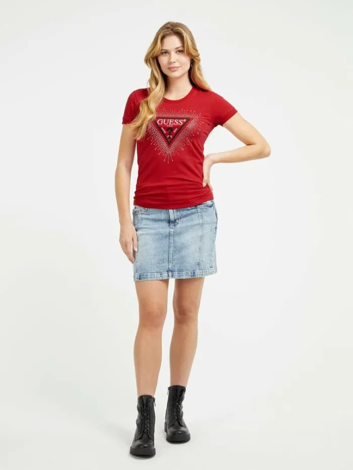 Women Rhinestones Triangle Logo Stretch Tshirt Red Guess Tshirts