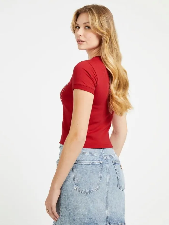 Women Rhinestones Triangle Logo Stretch Tshirt Red Guess Tshirts