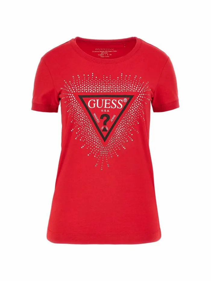 Women Rhinestones Triangle Logo Stretch Tshirt Red Guess Tshirts
