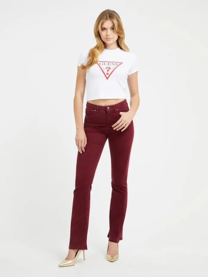 Women Rhinestones Triangle Logo Stretch Tshirt White Guess Tshirts