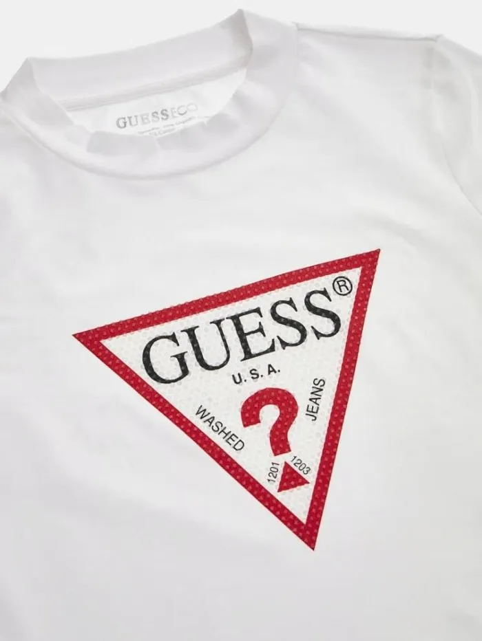 Women Rhinestones Triangle Logo Stretch Tshirt White Guess Tshirts