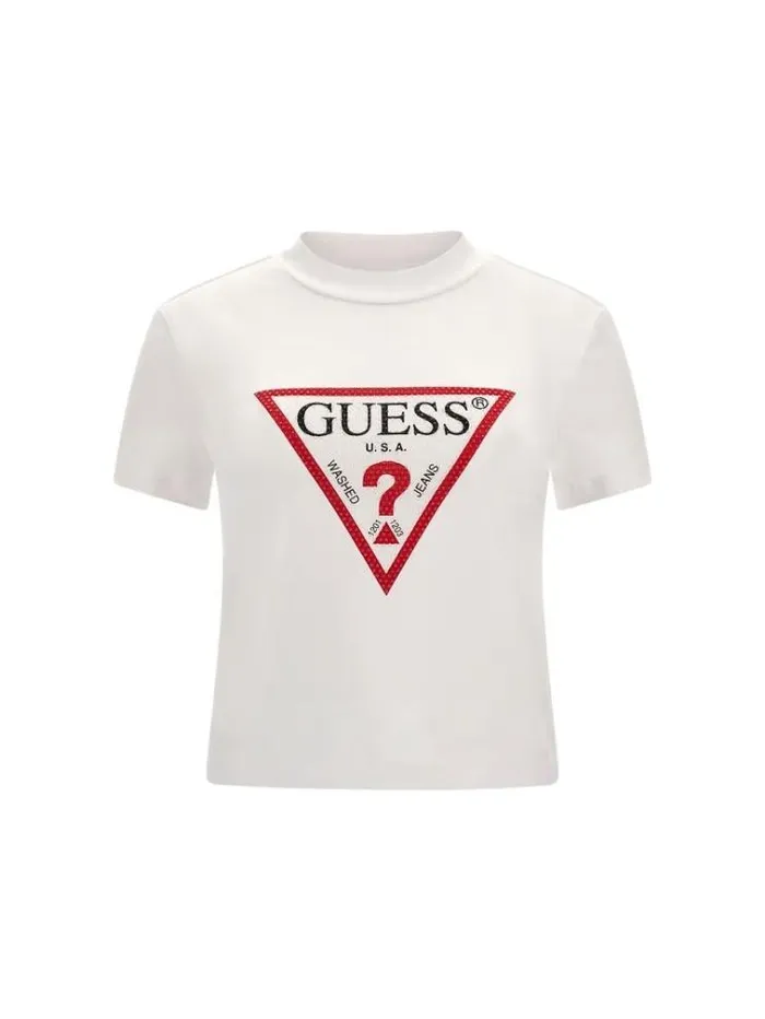 Women Rhinestones Triangle Logo Stretch Tshirt White Guess Tshirts
