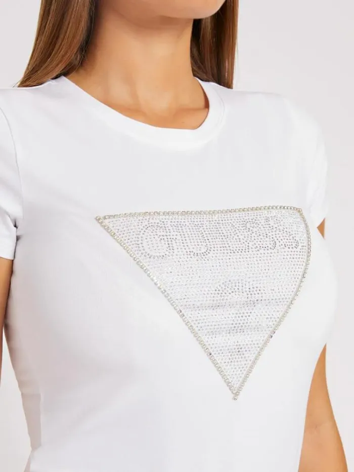 Women Rhinestones Triangle Logo Tshirt White Guess Tshirts