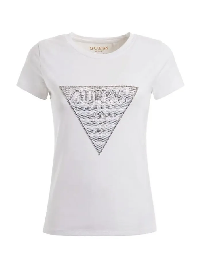 Women Rhinestones Triangle Logo Tshirt White Guess Tshirts