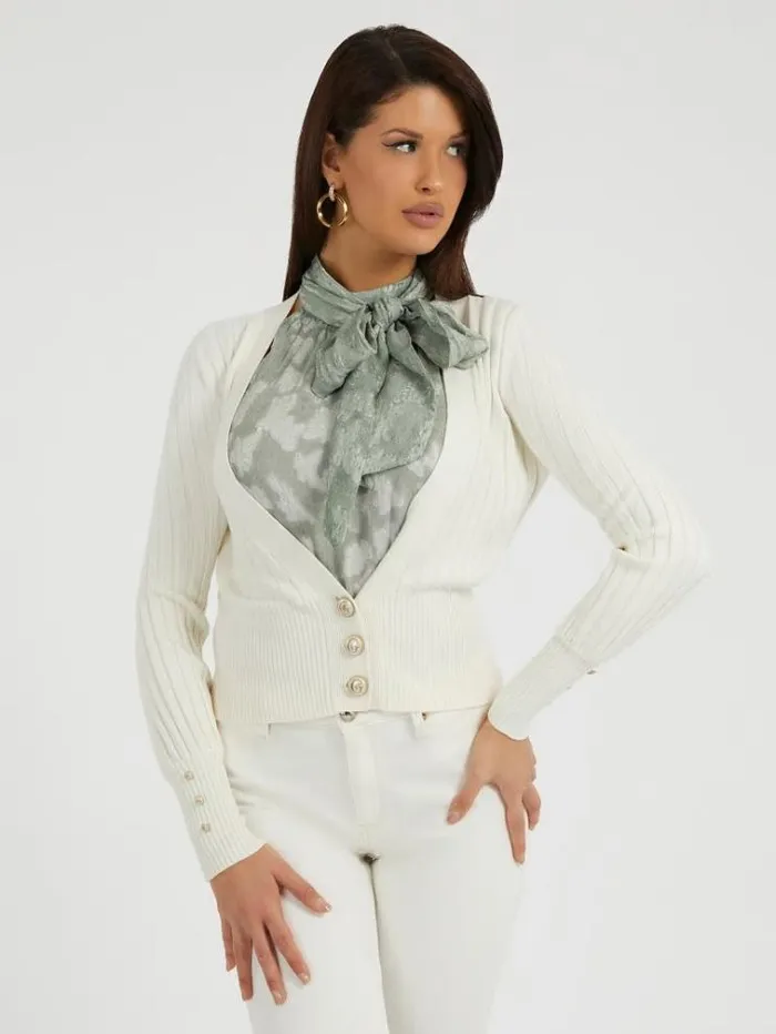 Women Rib Knit Cardigan White Guess Knitwear And Sweatshirts