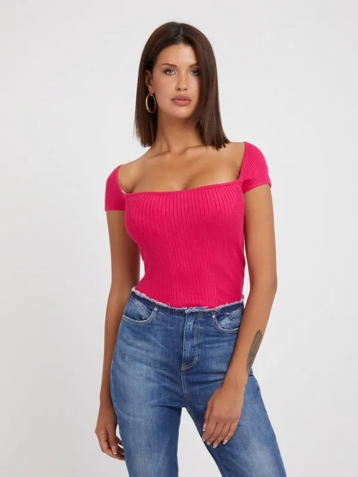 Women Rib Knit Sweater Top Fuchsia Guess Tops And Shirts